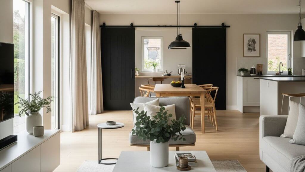 A soft cosy living space with sliding barn doors