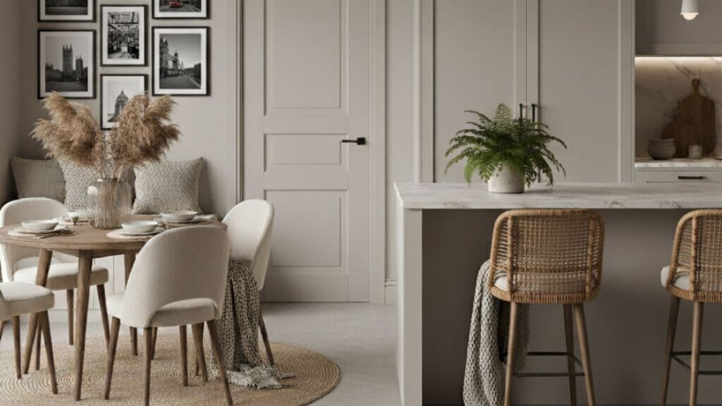 painted internal door in kitchen dining space with matching cabinetry