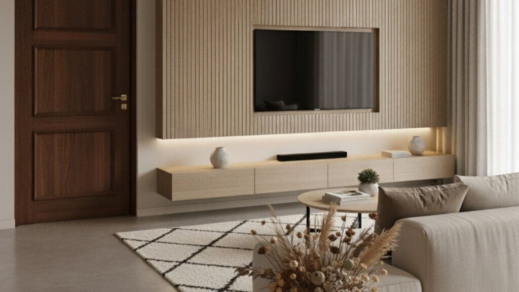 stained internal wood door in living room