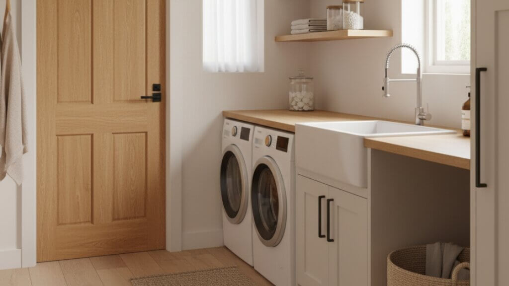 varnished internal door in utility room